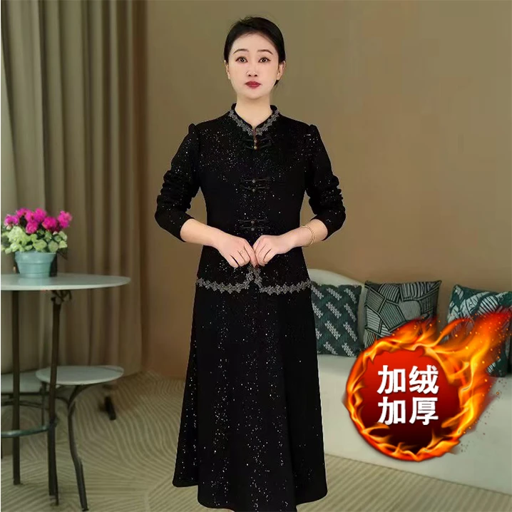 加绒加厚假两件连衣裙妈妈装新中式女装时尚洋气显瘦中长款裙子