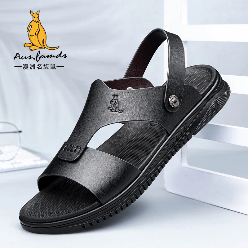 AUSFAMDS/澳洲名袋鼠男士高档拖鞋凉拖真皮开车凉鞋男夏季沙滩鞋