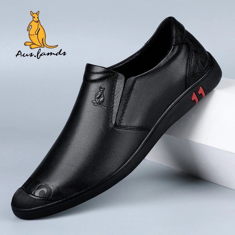 AUSFAMDS/澳洲名袋鼠休闲皮鞋男真皮软底透气软面一脚蹬男鞋英伦