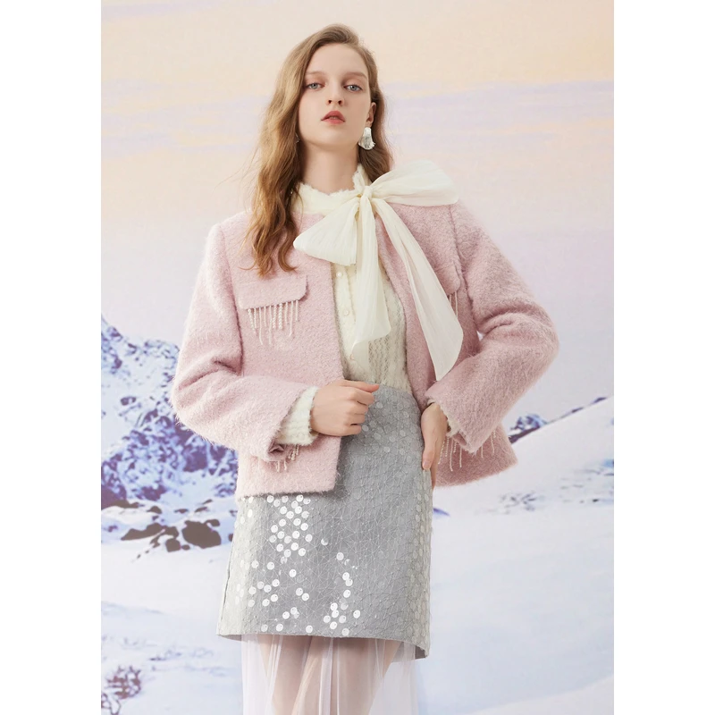 missCOCOON千金玛德琳时尚2023冬装新款女粗花呢珍珠珠链短款外套