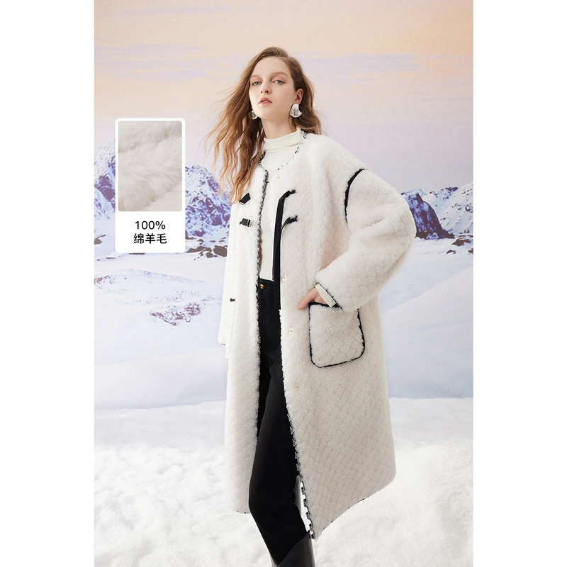missCOCOON静奢风撞色时尚气质秋冬款加绒中长款绵羊毛外套上衣女