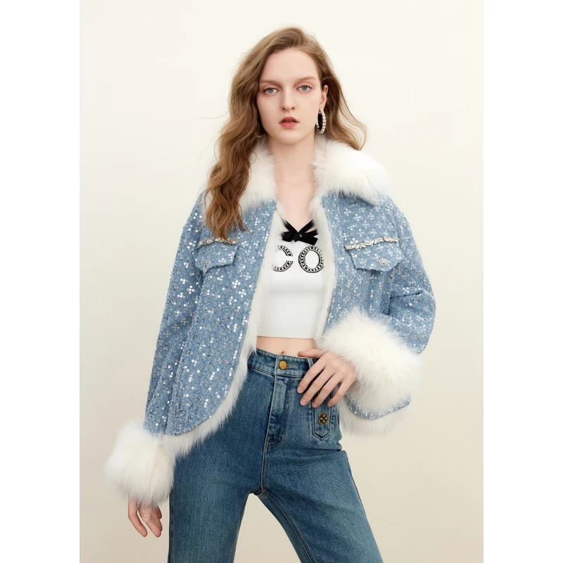 可可尼COCOON千金风牛仔拼接设计冬季新款女廓形版亮片