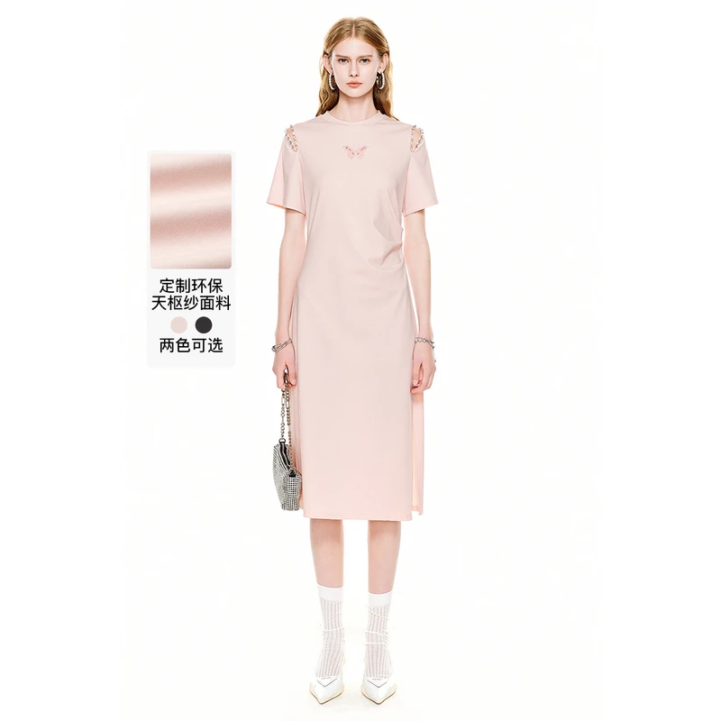 MISSCOCOON【静浮幻境】夏新款钉钻露肩加长开叉抽褶连衣裙