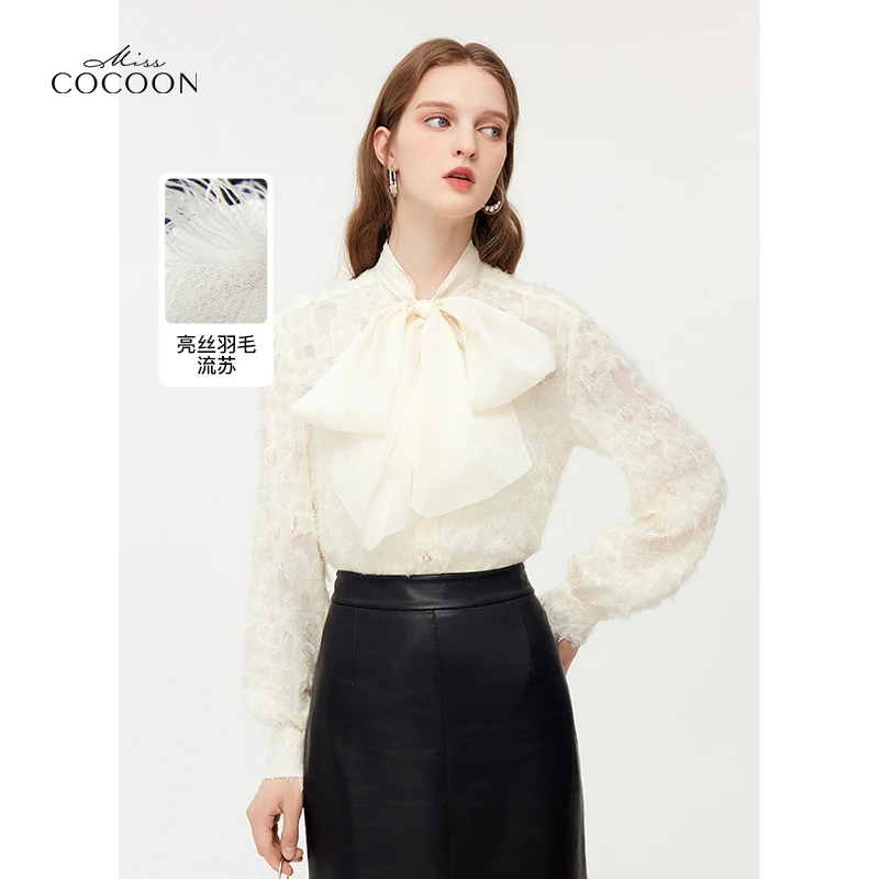 miss COCOON立体亮闪羽毛纱异材质拼接衬衫春新款女温柔衬衫