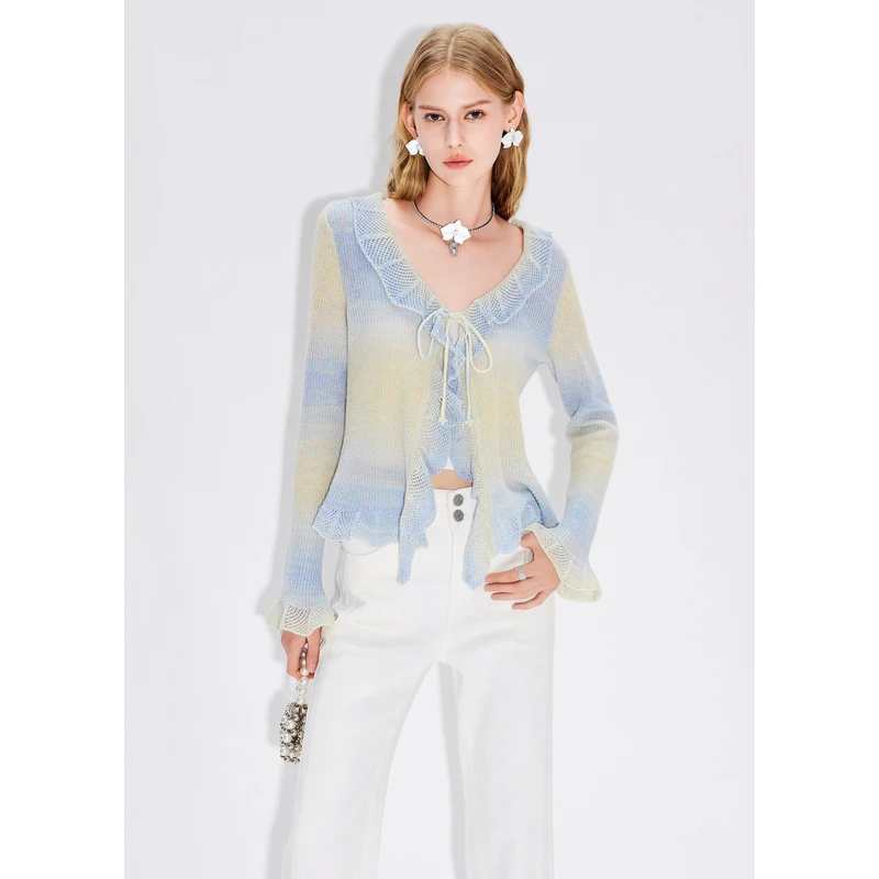 MISSCOCOON可可尼秋季新款渐变荷叶边修身紫色上衣针织开衫毛衣女