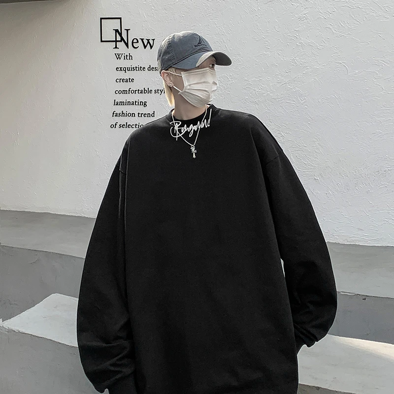 酒红色纯色长袖T恤男秋季美式复古潮牌内搭打底衫宽松圆领上衣服