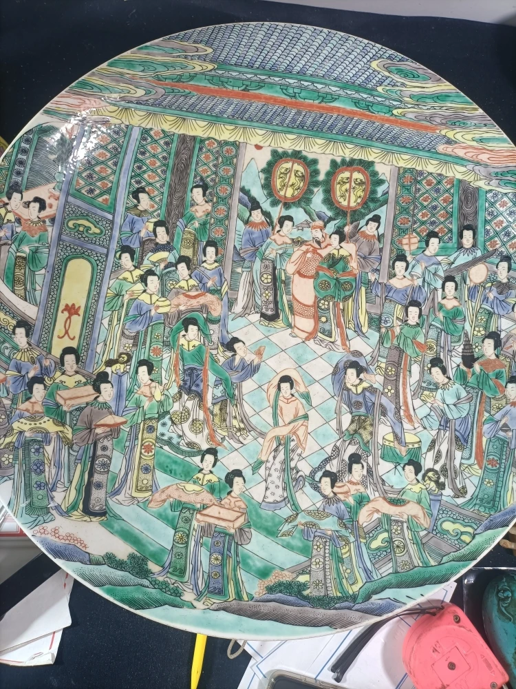 五彩人物大盘全美品手工陶瓷