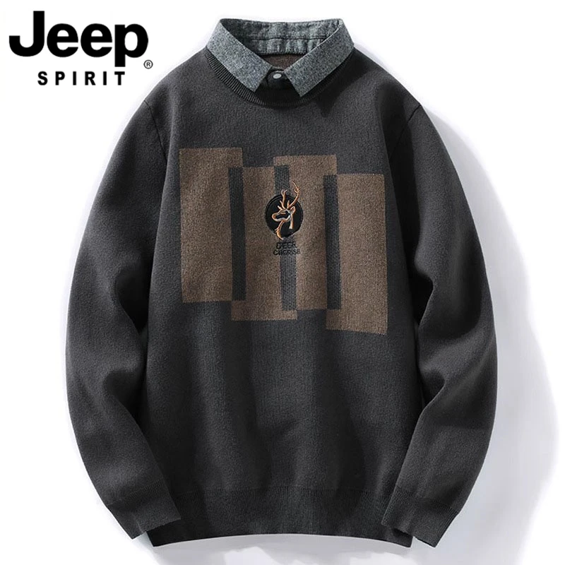 JEEPSPIRIT吉普男士毛衣秋冬季套头假两件宽松保暖加绒加厚打底衫