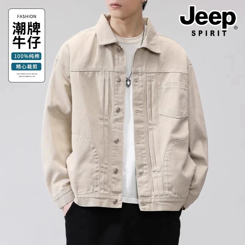 JEEPSPIRIT吉普男士秋季纯棉牛仔外套痞帅休闲白色工装复古男夹克