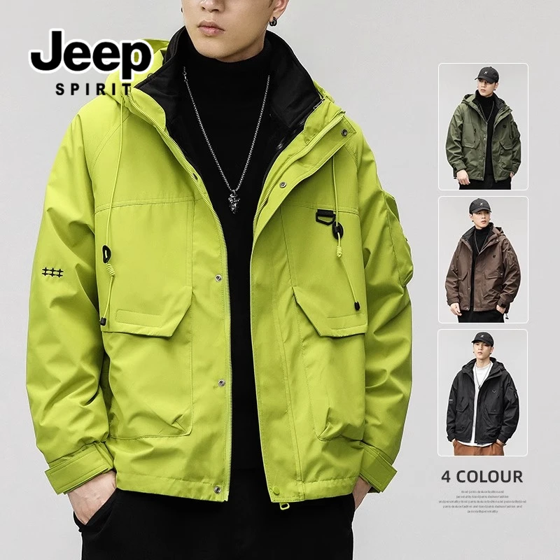 JEEPSPIRIT吉普男士秋季冲锋衣户外登山美式机能三合一连帽男外套