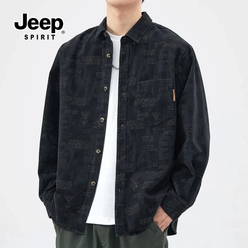 JEEPSPIRIT吉普男士冬季美式复古印花长袖衬衫宽松大码时尚男衬衣