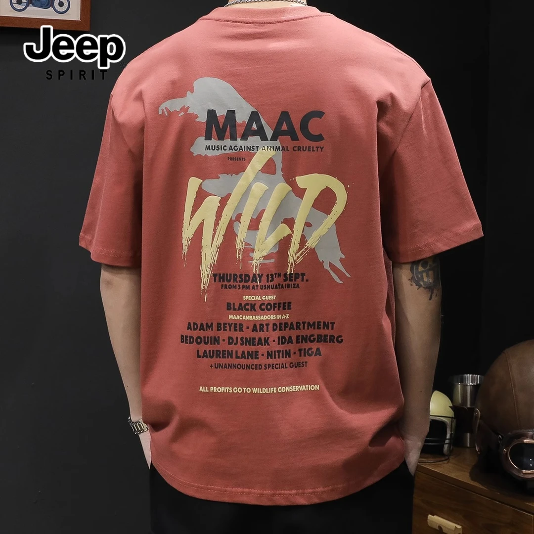 JEEPSPIRIT吉普男士夏季薄款短袖t恤宽松纯棉美式印花百搭男体恤