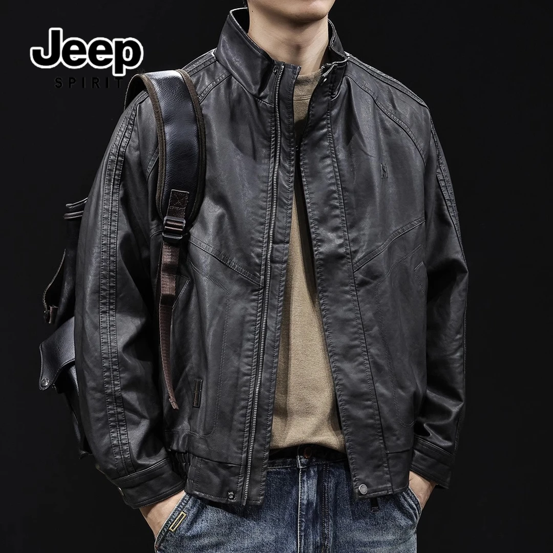 JEEPSPIRIT吉普男士秋冬外套高级感机车皮衣短款加绒大码美式上衣