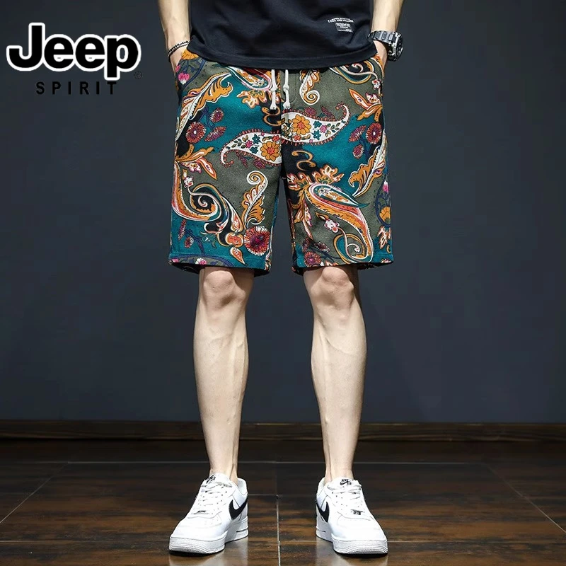 JEEPSPIRIT吉普男士外穿短裤薄款直筒透气休闲百搭时尚碎花五分裤