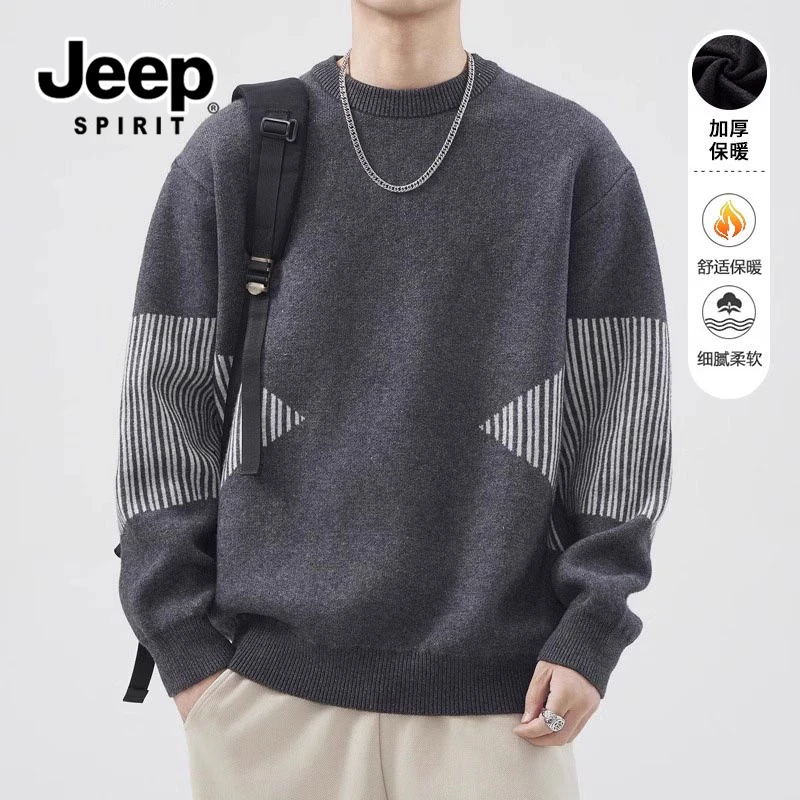 JEEPSPIRIT吉普男士秋季圆领毛衣时尚潮流百搭拼色保暖套头打底衫