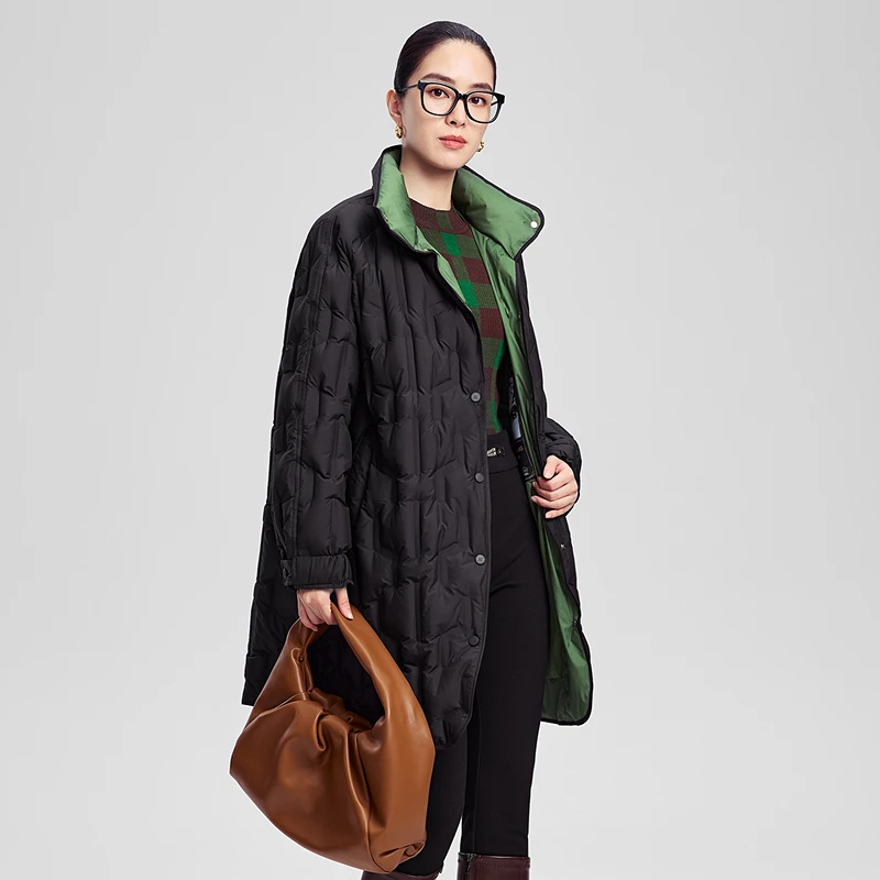 赢智尚秋季新款经典黑色显瘦H型膝上款羽绒服外套女ZR00118
