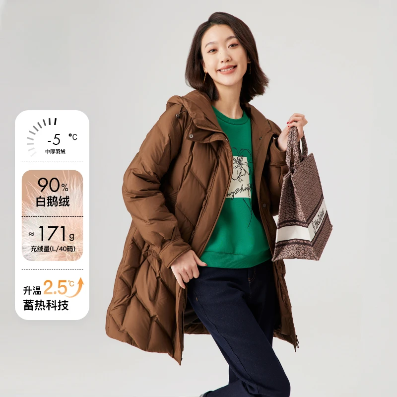 赢智尚白鹅绒棕色H型较长款羽绒服保暖ZR00080