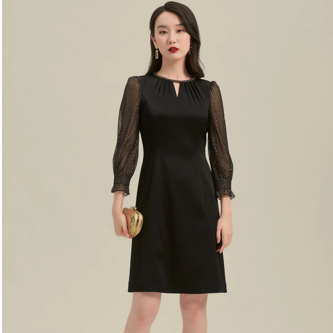 正宫黑色九分袖X型中款连衣裙ZF01219W0