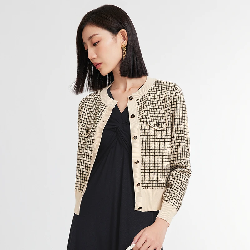 小香风长袖针织衫毛衣黑杏格纹针织衫外套女ZZ00306