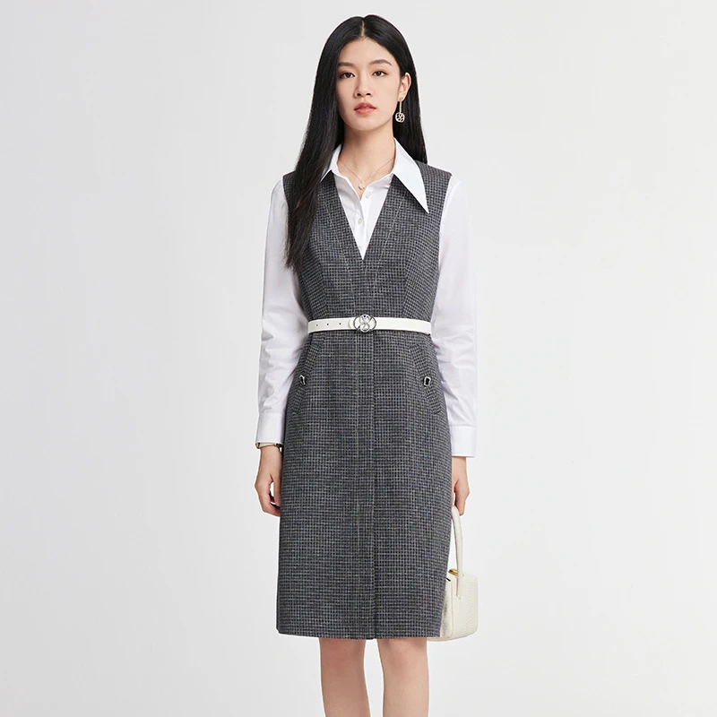 灰色格纹舒适高级棉和羊毛混纺背心式连衣裙ZF02288