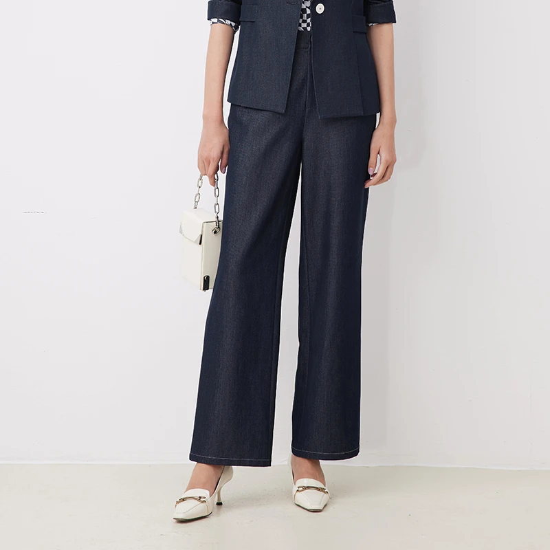 赢智尚利落帅气舒适有弹藏蓝色略松大直筒裤ZV01913