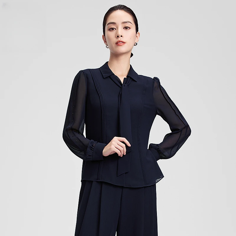 赢智尚夏季新款藏蓝色长袖开襟上衣衬衫女优雅职场ZE00952