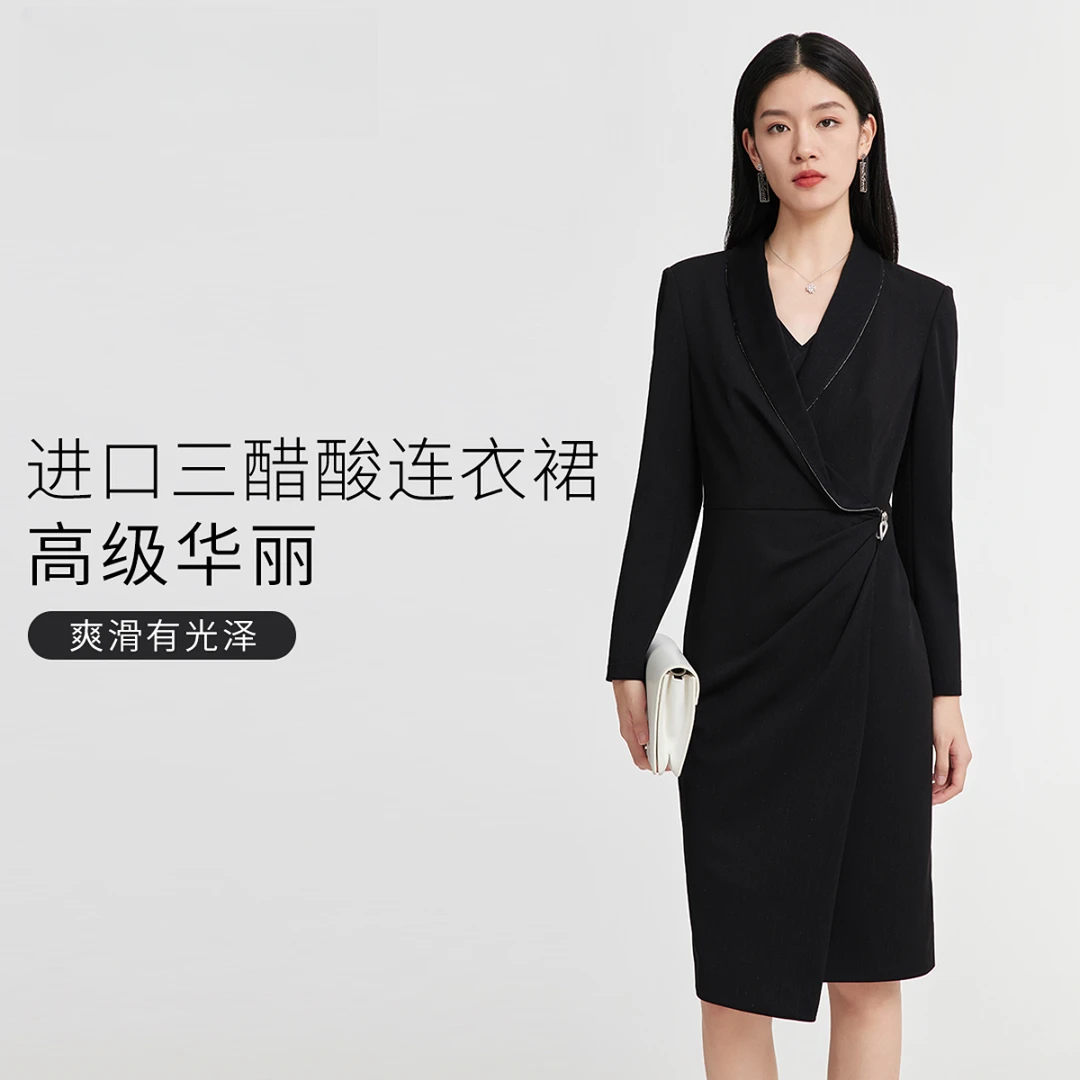 赢智尚干练青果领垫肩醋酸连衣裙ZF02253