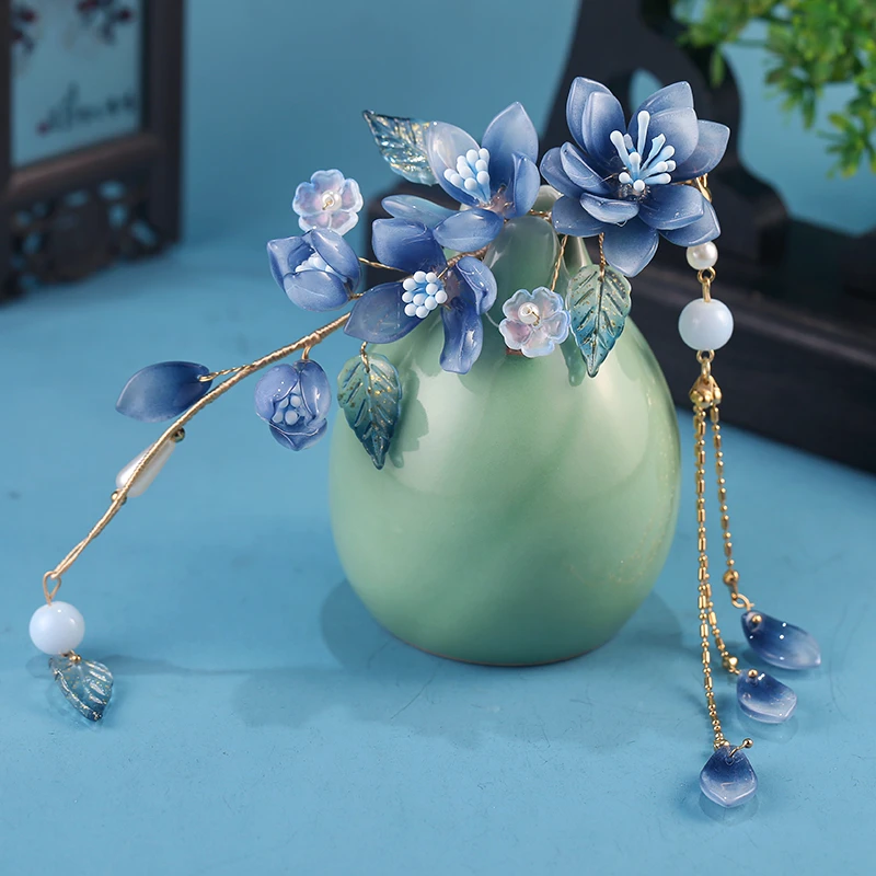 汉服发饰莱茵蓝琉璃流苏边夹古风配饰古装发夹长发配饰宫廷头饰