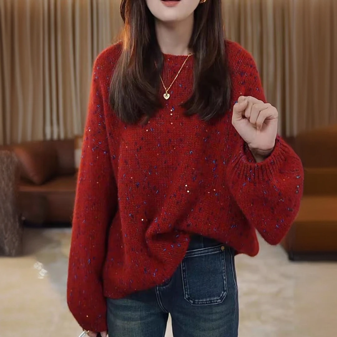 潮流复古风百搭时尚休闲针织衫2024秋冬新款遮肚子长袖圣诞红毛衣