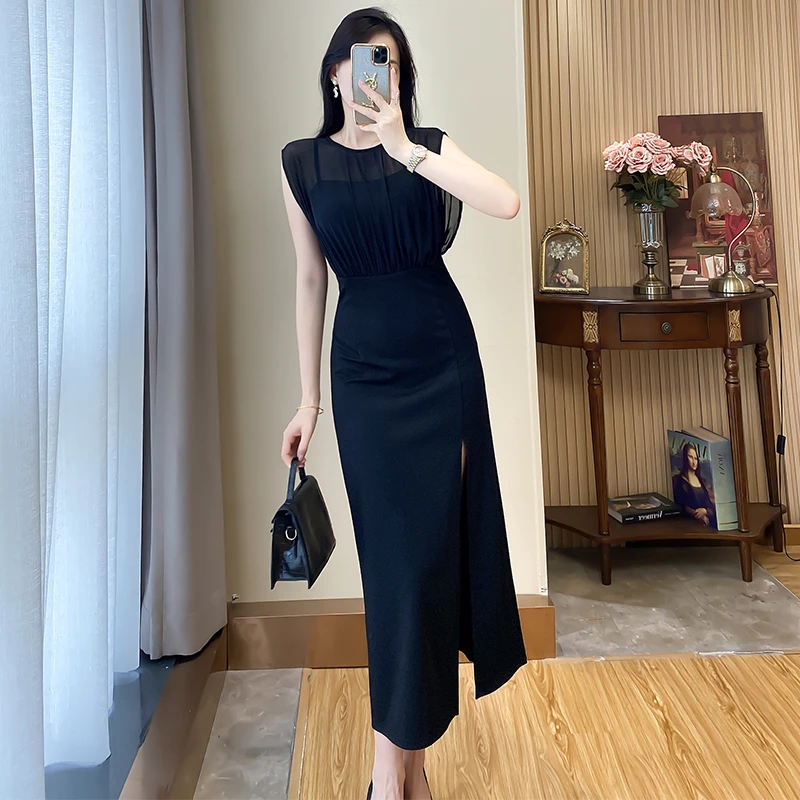 高级感黑色修身连衣裙女夏新款气质网纱拼接假两件修身开叉长裙子