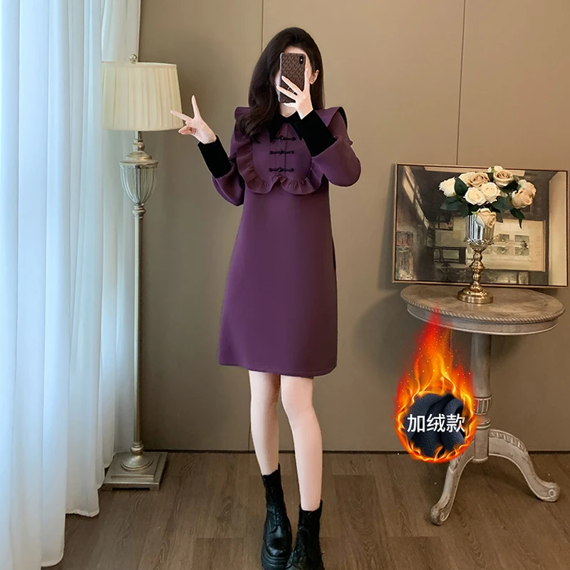 高级感休闲连衣裙女秋冬季2024新款气质显瘦超好看紫色加绒卫衣裙