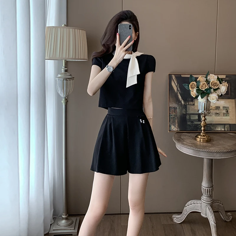 高级感时尚套装女夏季减龄法式漂亮蝴蝶结上衣高腰阔腿短裤两件套