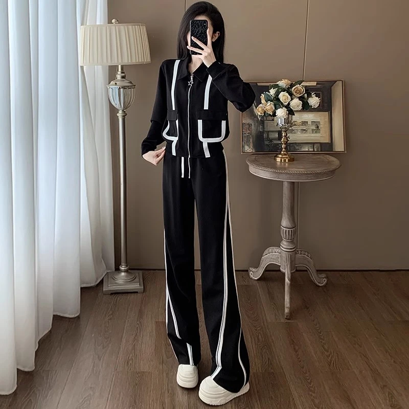 欧货黑色休闲运动套装女秋季时髦显瘦拼接卫衣高腰阔腿裤两件套潮