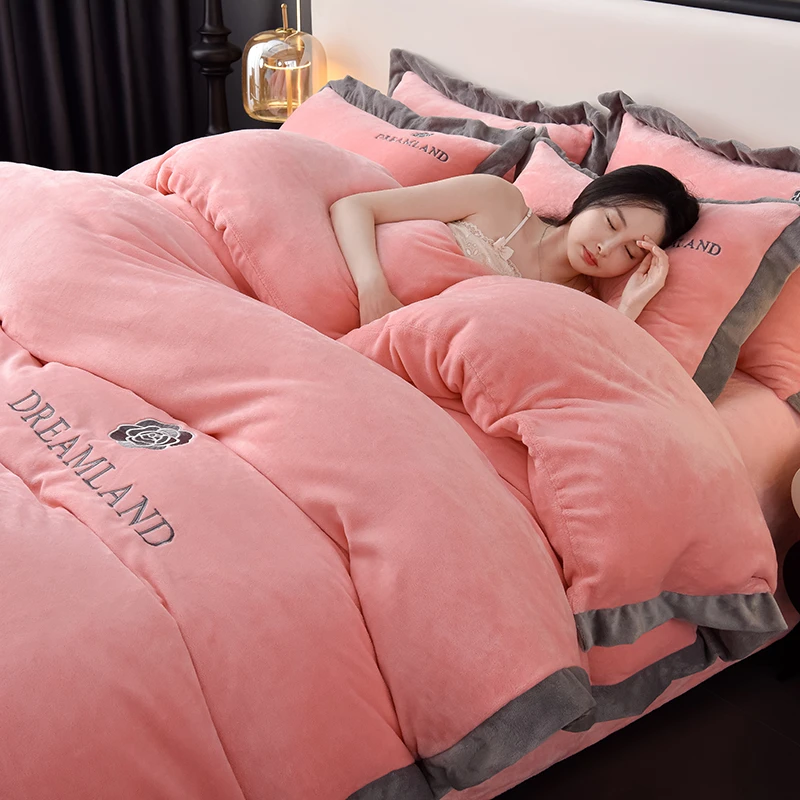 冬季加厚牛奶绒四件套双面毛绒被套珊瑚绒床单法兰绒床笠保暖床品
