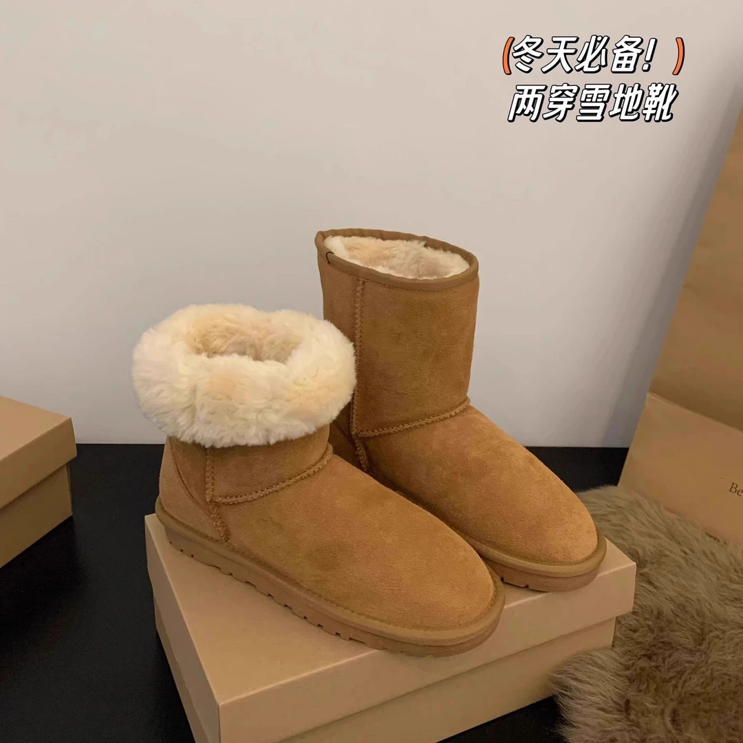 雪地靴女2023冬季新款中筒两穿雪地棉鞋皮毛一体加绒加厚东北棉靴