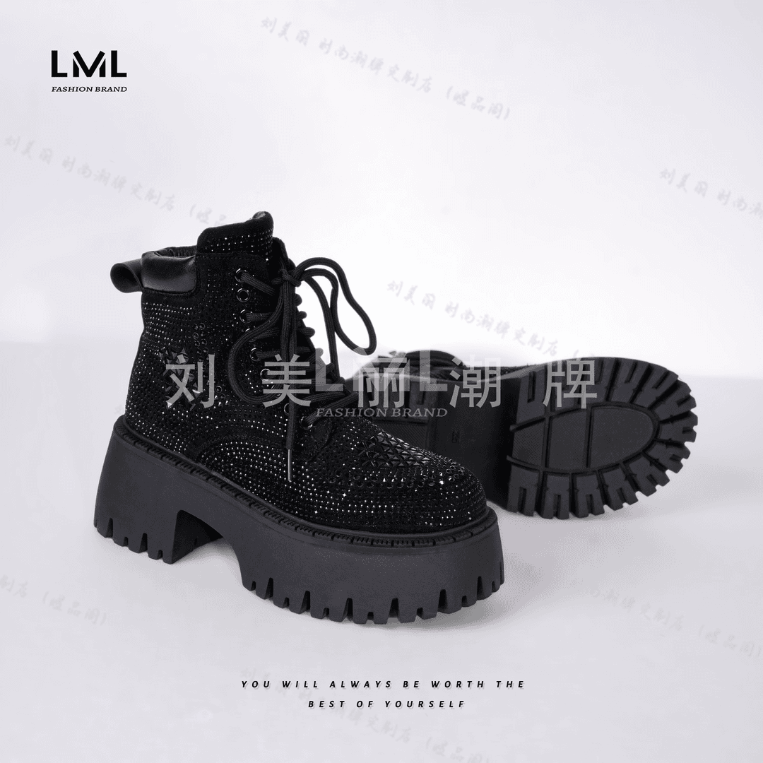丽丽家  时尚重工烫钻英伦风厚底小众百搭高帮鞋