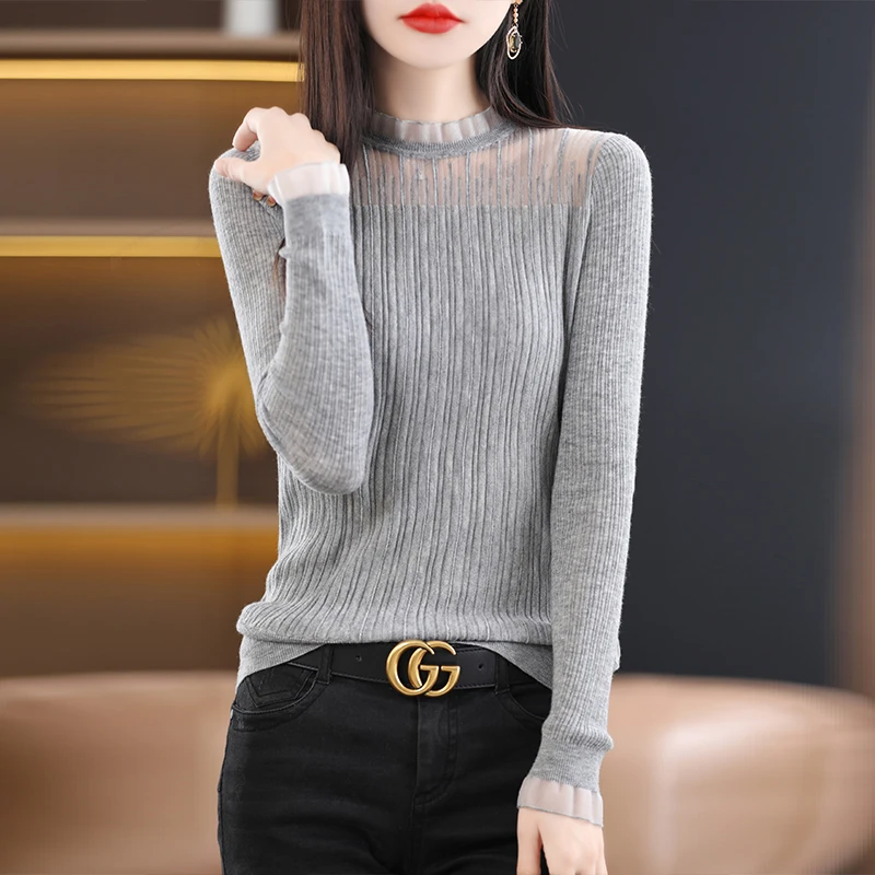 2023春季蕾丝领长袖修身半高领打底衫针织衫