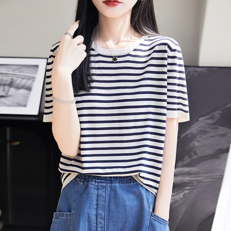 夏季薄款条纹莱赛尔天丝针织短袖T恤2025新款别致设计感正肩上衣