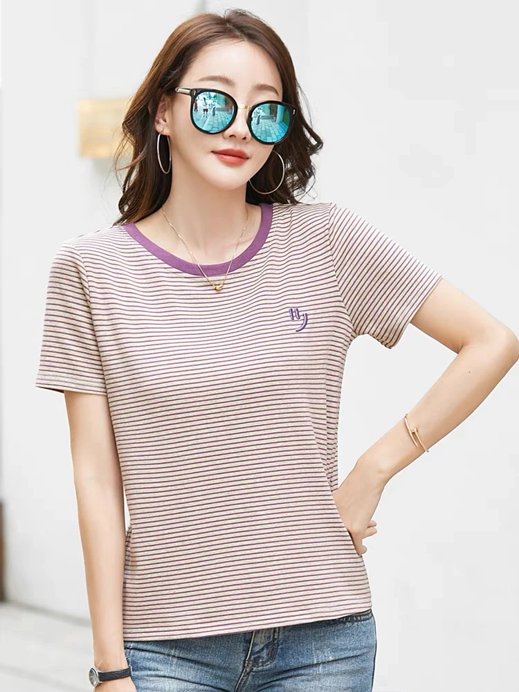 圆领棉质宽松条纹短袖T恤笑脸刺绣上衣
