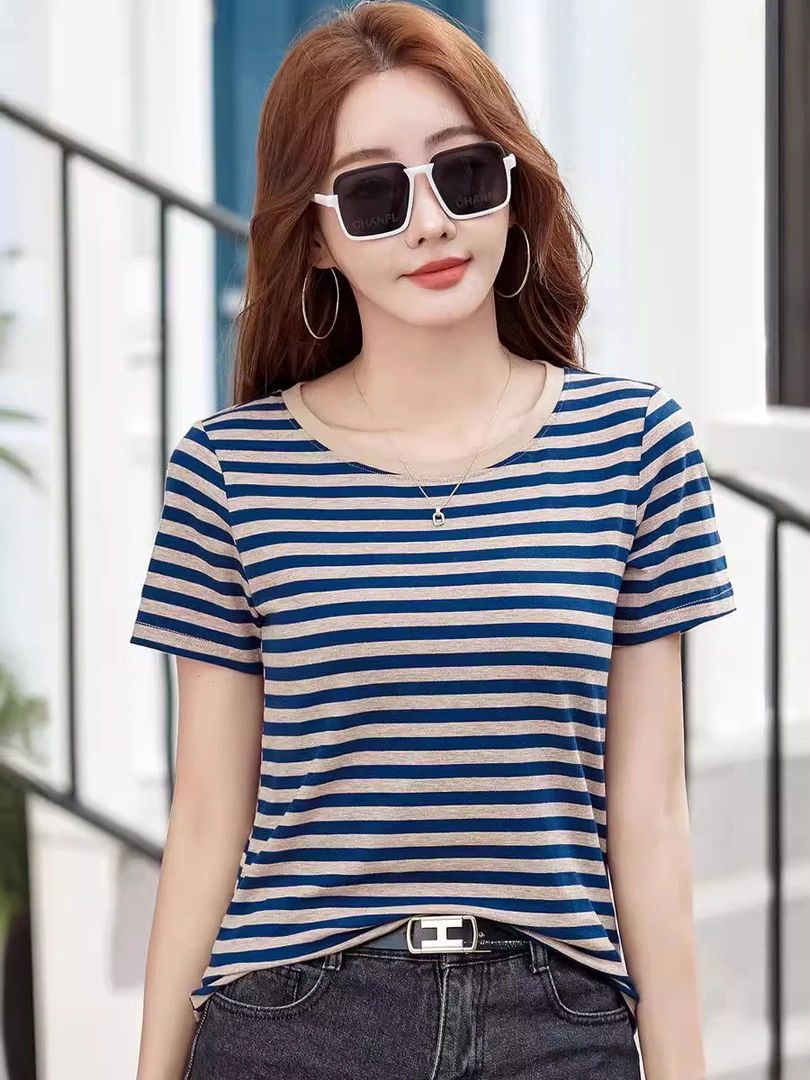 休闲条纹T恤圆领彩棉短袖上衣