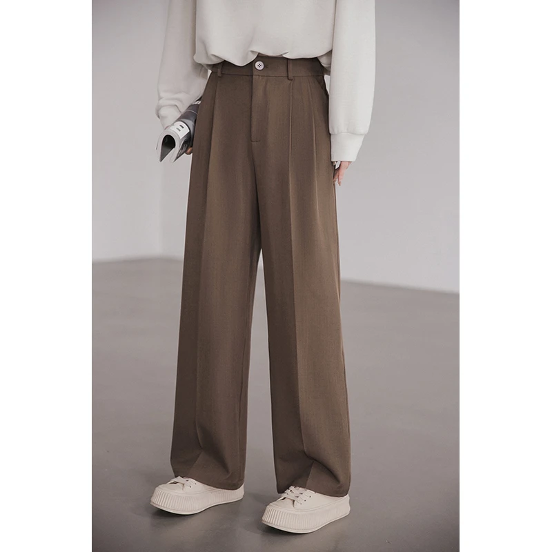 小谷粒气质休闲长裤女2025秋冬季新款咖色垂坠感宽松高腰阔腿裤子