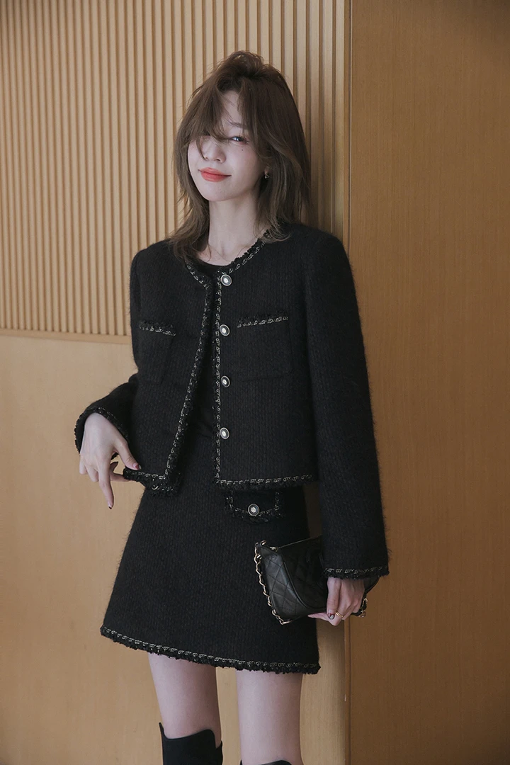 小谷粒小香风套装「90白鸭羽绒内胆」女秋冬粗花呢高级感气质两件套