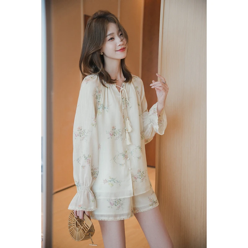 【福利日】小谷粒碎花衬衫高腰显瘦显高时尚阔腿短裤套装两件套