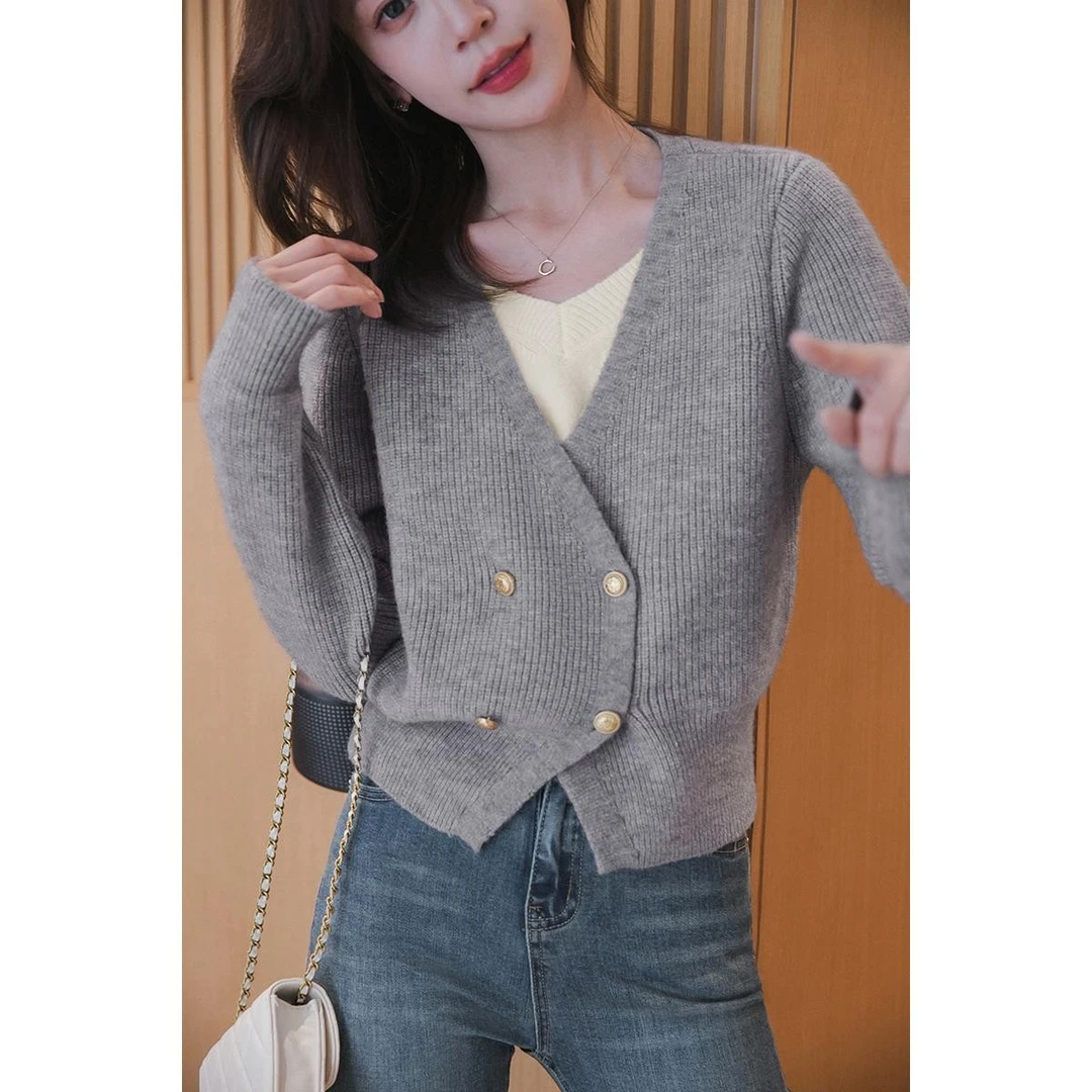 【季末折扣】小谷粒毛衣开衫外套女假两件V领慵懒风双排扣针织衫