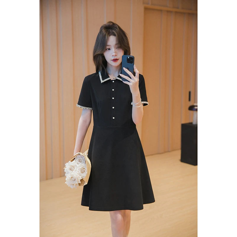 【福利日】小谷粒小香风针织连衣裙女法式短袖收腰珍珠扣裙子