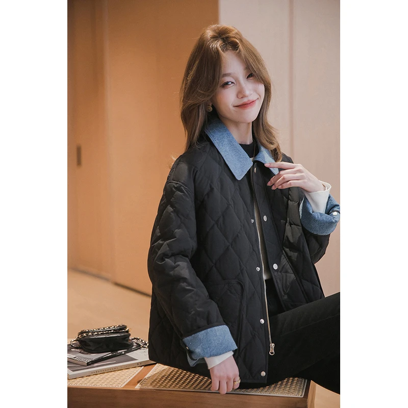 【季末折扣】小谷粒工装羽绒服牛仔撞色拼接假两件翻领上衣