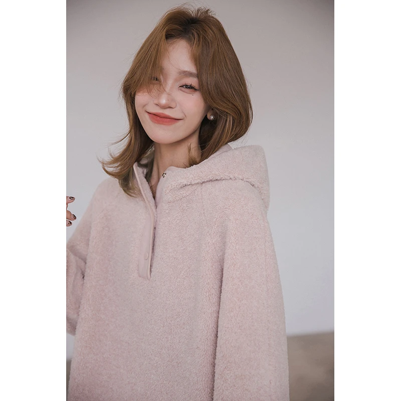 小谷粒羊羔绒连帽短外套女2025秋冬新款粉色小个子插肩袖套头上衣