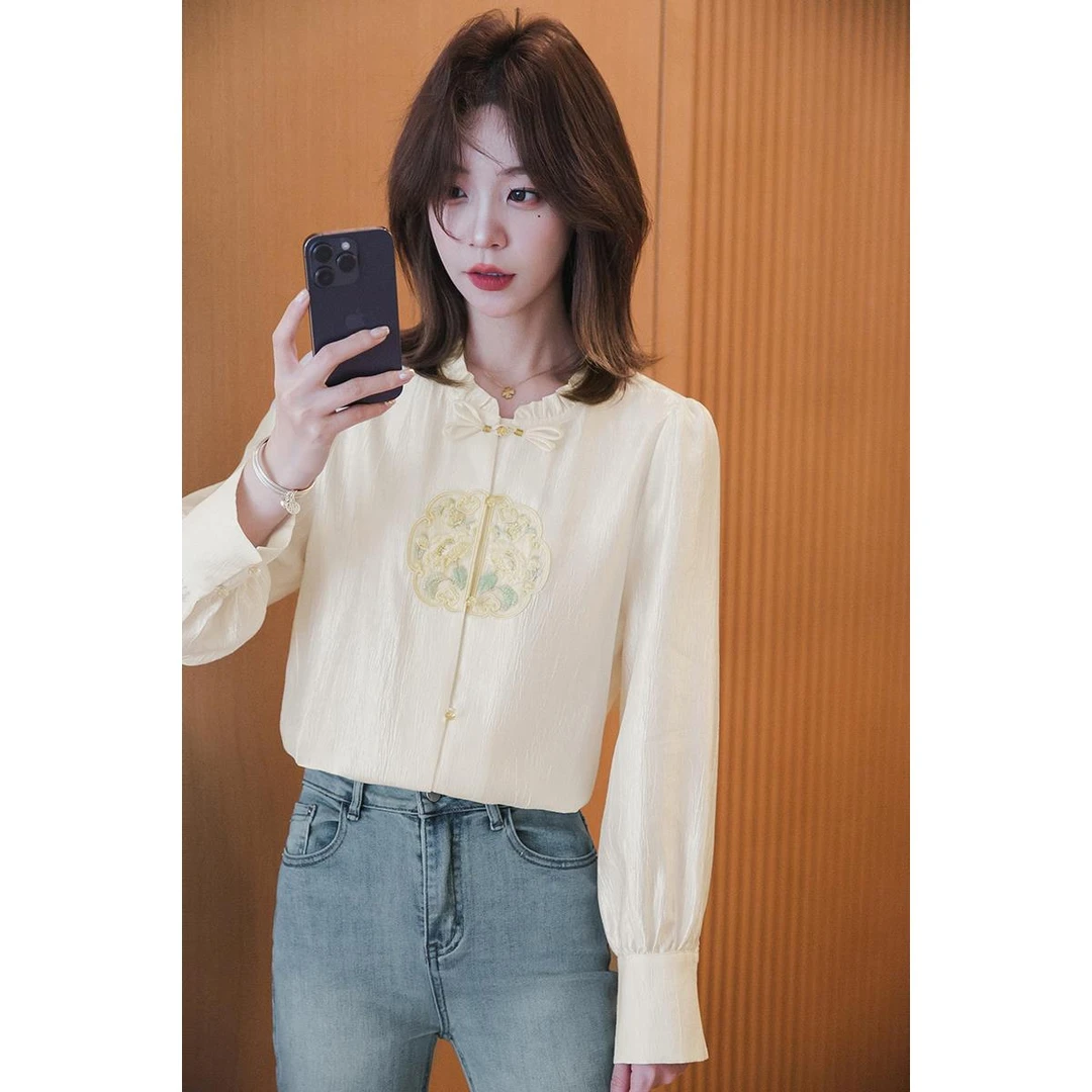 小谷粒国风新中式绣花衬衫女2025春夏新款衬衣设计感木耳边小上衣