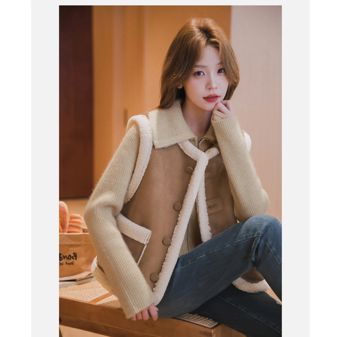 小谷粒皮毛一体马甲女短款冬季新款小个子外穿摇粒绒加厚坎肩外套