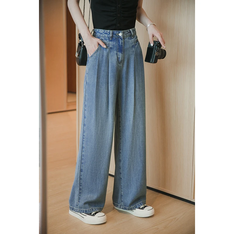 【搭配裤】小谷粒莱赛尔牛仔阔腿裤设计感高腰宽松长裤